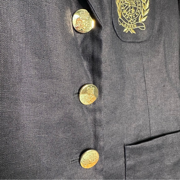 Ralph Lauren Navy Blue Embroidered Crown Crest Linen Blazer Size 4 - Picture 4 of 9